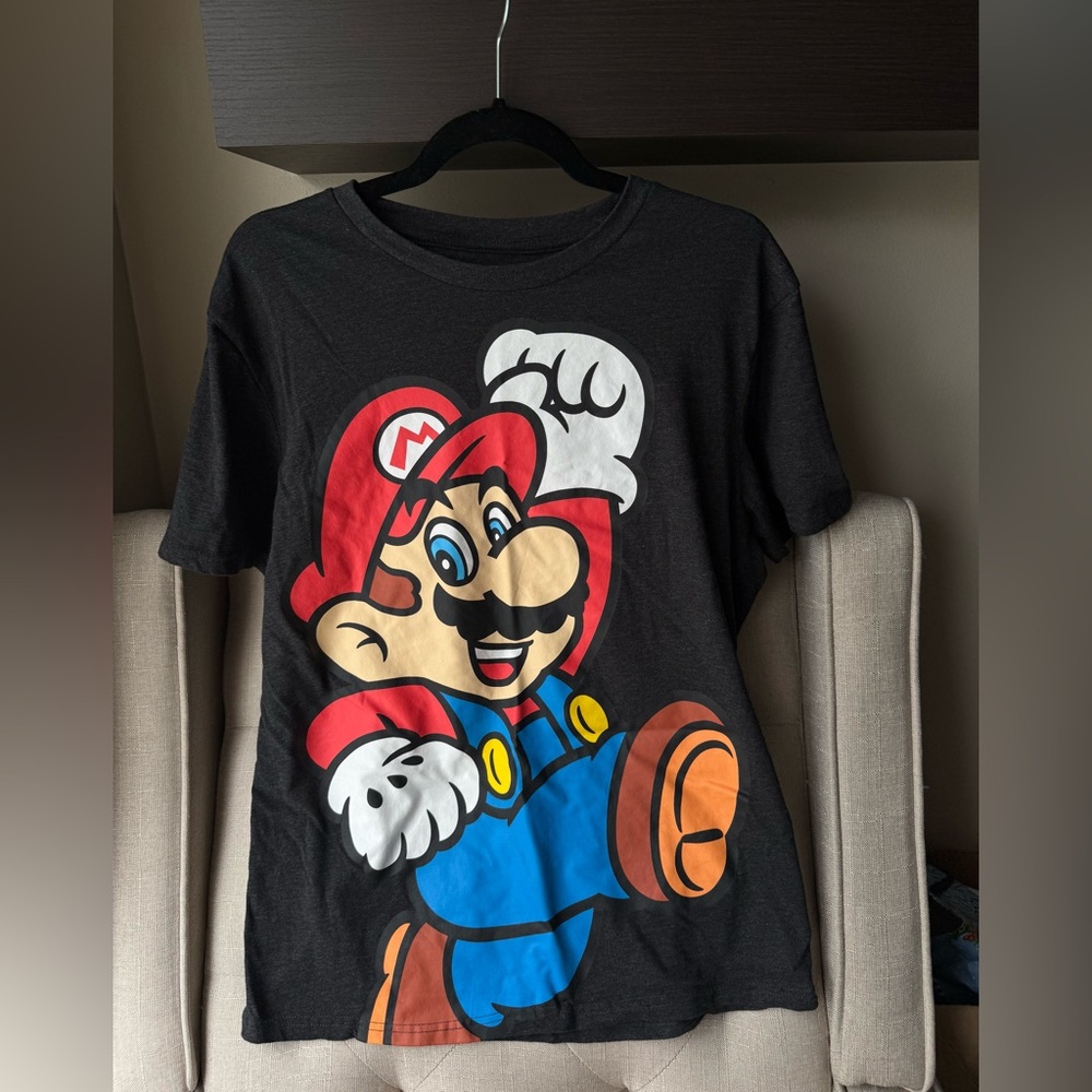 Super Mario T Shirts Men L Black HEATHER FULL FRONT GRAPHIC